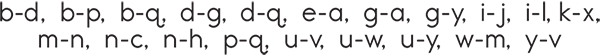 b-d, b-p, b-q, d-g, d-q, e-a, g-a, g-y, i-j, i-l, k-x, m-n, n-c, n-h, p-q, u-v, u-w, u-y, w-m, y-v