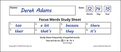 Word study sheet for mastering frequently misspelled words